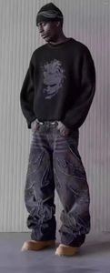 Jeans masculin American 2024 Retro Hip-Hop Black Pantalon brodé, Femelle lâche haute taille Y2K Harajuku Gothic à jambes larges
