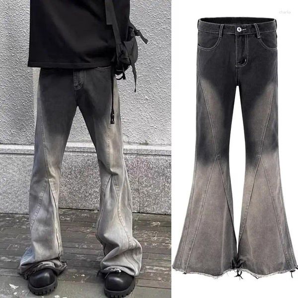 Jeans para hombres American Black-Gray Gradient Mop Bell Bottoms High Street Fashion Brand Pantalones guapos para hombres y mujeres