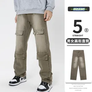 Jeans pour hommes American Distressed Street Loose Trend Multi Pocket Wide Leg Denim Pantalon Wash Green Cargo Pantalon Homme
