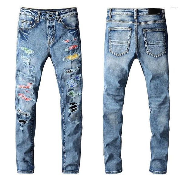 Jeans pour hommes Mode américaine Streetwear Slim Fit Light Indigo Denim Pantalon en détresse Baggy Bandana Trou Rib Skinny Stretch Ripped Hommes
