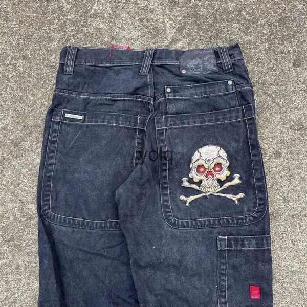 Jeans para Hombres American Gothic Punk Skull Bone Letter Print Jeans de Cintura Alta para Hombres Y2K Street Hip Hop Harajuku Pantalones de Pierna Ancha con múltiples Bolsillos Menyolq