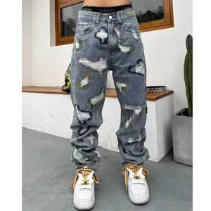 Jeans pour hommes industrie lourde américaine épissage couteau trou amour patch jeans rue hip-hop lâche droit micro flash pantalon J240328