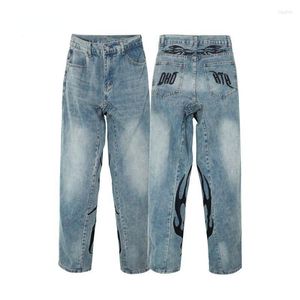 Heren jeans Amerikaanse high-end geborduurde straat gewassen paar Gothic high taille trendy merk retro losse rechte casual broek