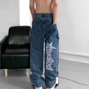 Jeans pour hommes American High Street Alphabet Splicing Sticker Y2k Loose Straight Wide Leg Pantalon Taille Casual Mopping5y46hhjk