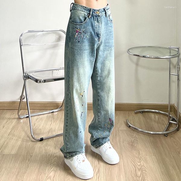 Jeans pour hommes American High Street Broderie Éclaboussée De Lavage À L'encre Old Ins À La Mode Marque Lâche Droite Tube Hip-Hop Pantalon