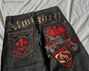 Jeans voor heren Amerikaanse high street patchwork brief geborduurde jeans voor mannen gothic Harajuku mode wijde pijpen jeans y2k retro casual broek L240313