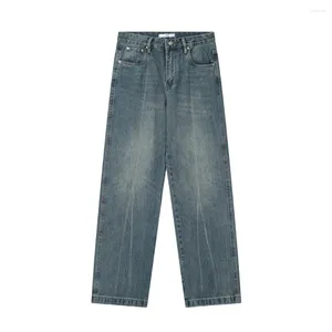 Jeans para hombres American Retro High Street Style Blanco Recto Casual Hombres sueltos Pierna ancha Simple Baggy Blue Denim Pantalones