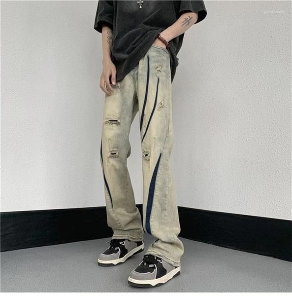 Jeans para hombres American Retro Hole Ripped Chic Straight Men Hip Hop Splited Design Harajuku Streetwear Mediados de cintura Pantalones de mezclilla