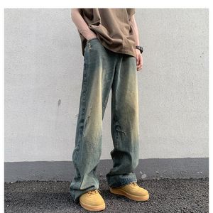 Jeans pour hommes rétro américain printemps et automne lavé vieux pantalon droit ample tempérament de rue à jambes larges