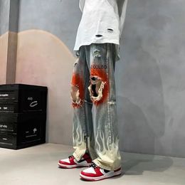 Herenjeans Amerikaans retro street feel trendy merk graffiti gepersonaliseerde gescheurde gat split jeans high street design feel hiphop broek 231101