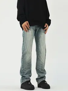 Jeans para hombres American Retro Street para hombres Marca de moda Lavado y angustiado Registro Ropa de trabajo Pantalones Empalmado Diseño Recto