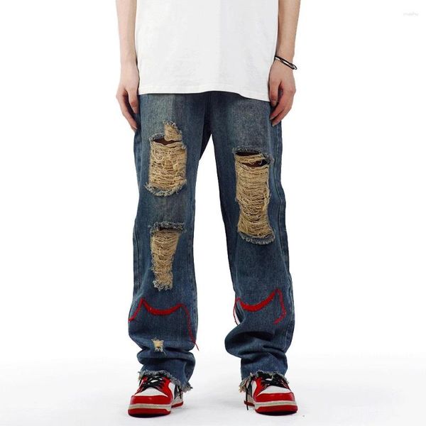 Jeans pour hommes américain déchiré hommes Hip Hop mode droite Denim pantalon vêtements pour hommes jambe large pantalon décontracté 2023 printemps été