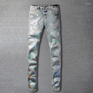 Jeans pour hommes American Silver Laque Stretch Hommes Pantalons Jean Streetwear Automne High Street Pantalon Skinny Slim Fit Personnalité