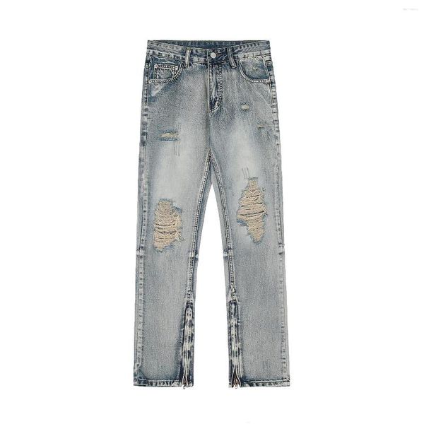 Jeans para hombres American Street con cremallera desgastada para hombres y mujeres Pantalones rasgados de hip hop cónicos lavados vintage