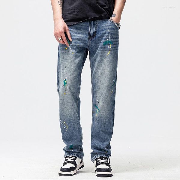 Jeans pour hommes mode de rue américaine hommes rétro bleu peint concepteur droit jambe large pantalon ample Vintage Denim pantalon Hombre