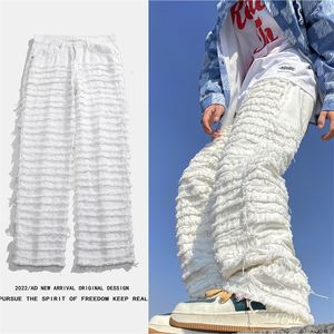 Heren Jeans American Street Hip-hop Heavy Industry Ripped Heren Jeans Spring Straight Loose Vibe Style Skateboard White Flared Pants 230808