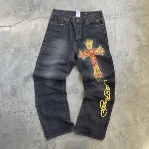 Jeans masculin American Street Hip Hop High Waist Cross Print Jeans Femme Y2K Spring and Automne Harajuku lâche zipper Pantalon de jambe large T231222