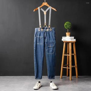 Jeans para hombres American Street Retro Nostálgico Rayado 2024 Unisex Slim Fit Extraíble Ropa de trabajo Casual Tirantes sueltos Monos de estudiante