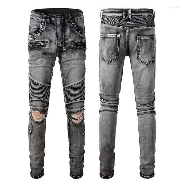 Jeans pour hommes American Street Ripped Plissé Hommes Vintage Lavé Gris Zipper Pantalon Boyfriend Casual Mendiant Crayon Denim Pantalon