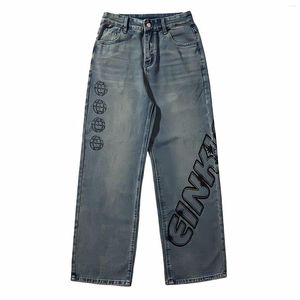 Jeans pour hommes American Streetwear Grunge Y2k Hip Hop Denim Pantalon Lettre Imprimer Appliques Baggy Marron Pour Hommes Jambe Droite Pantalon Bleu