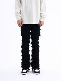 Herenjeans Amerikaanse stijl zwarte erosie beschadigd ruwe high street jeans heren ins hiphop mode vintage skinny broek streetwear 230824