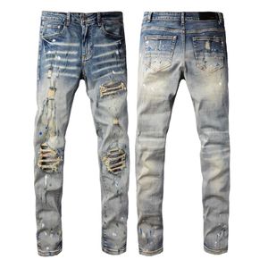 Jeans pour hommes Style américain High Street Patch en détresse Peinture en direct Bleu Classique Élastique