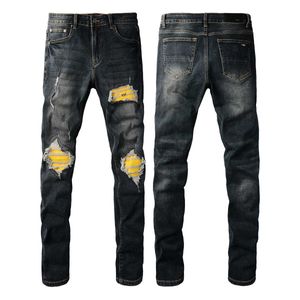 Jeans pour hommes Style américain High Street Patch jaune en détresse Live Broadcast Blue Classic Stretch