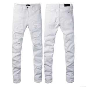 Jeans pour hommes Style américain High Street Patch en détresse Diffusion en direct avec élastique classique blanc rétro