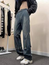 Jeans da uomo stile americano High Street Fashion Hip Hop Y2K Button Trend Pantaloni neri blu Slim lavoro dritto allentato