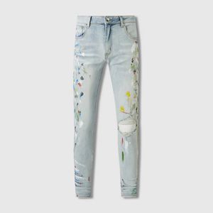 Jeans pour hommes Style américain High Street Light Blue Paint Patchs de trous en détresse Célébrité d'Internet