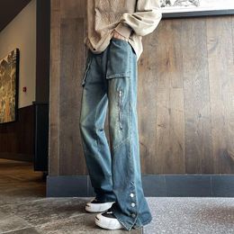 Jeans pour hommes Style américain High Street Slit-Breasted Mode Grande poche Outillage Causal Lâche Longues Pans Vêtements masculins