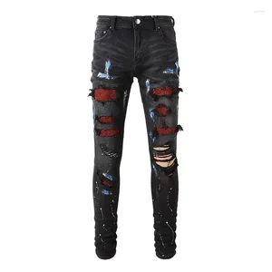 Jeans pour hommes Style américain High Street Marque tendance Black Ripped Patch Red Diamond Stretch Pantalon rétro pour hommes