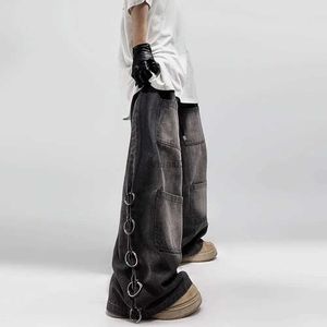 Jeans pour hommes Style américain surdimensionné poche rétro jeans de poche pour hommes Y2k hip-hop punk jambe large droite pantalon en denim noirL2403