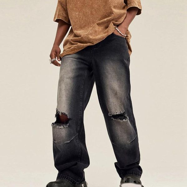 Jeans masculin style américain vintage mâle de trous masculin à la mode High Street Street Straight Dravred Casual