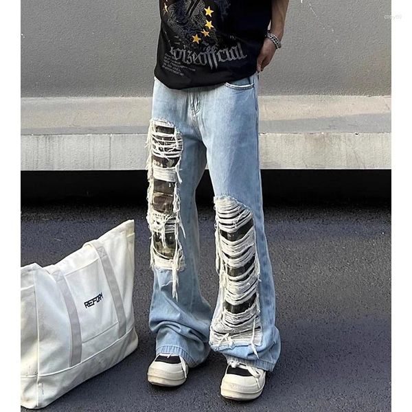 Jeans pour hommes Style américain Y2K Tube droit Tube ample Patch déchiré pour la mode High Street Drapé Large Jambe Hip-Hop Pantalons décontractés
