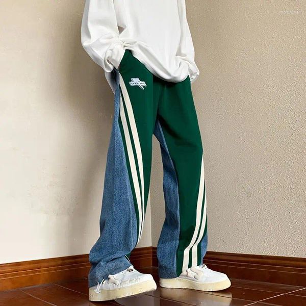 Jeans pour hommes Tendance américaine Hiphop High Street Lâche Patchwork Rayures Taille élastique Poches à cordon Pantalon droit décontracté