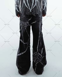Jeans pour hommes à la mode américaine lavé toile d'araignée rayée pantalon large hommes Y2K gothique rock ample taille haute large jambe droite pantalon 230801