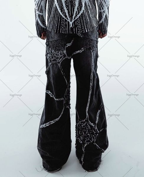 Jeans pour hommes Pantalon large à rayures en toile d'araignée délavée à la mode américaine pour hommes Y2K Pantalon droit ample à jambe large à taille haute 230719