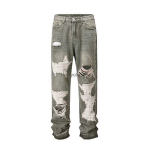 Herenjeans Amerikaanse Vintage Heavy Washed Droyed Jeans voor heren Gescheurde beschadigde lange broek Rechte hiphop Los gat Ragged Edge Jeansyolq