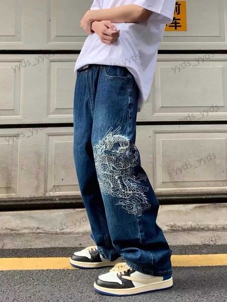 Jeans pour hommes American Vintage High Street Bleu Brodé Motif Dragon Femmes Jeans Y2K Harajuku Style Hip Hop Populaire Jeans Taille Haute T231127