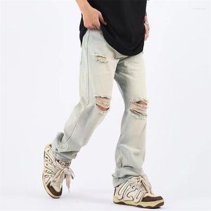 Jeans de hombre American Vintage Hole Ripped Straight Men Beige Cintura media Washed High Street Baggy Streetwear Pantalones de mezclilla