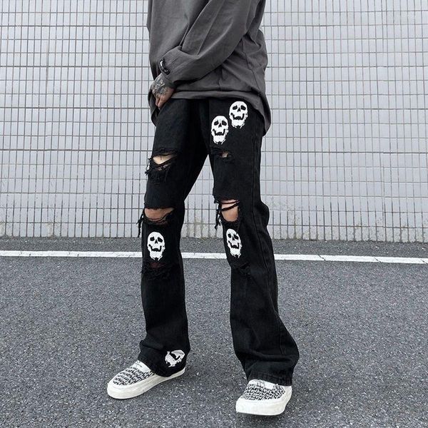 Jeans pour hommes American Vintage Hommes Skinny Ripped Y2k Street Fashion Crâne Imprimer Noir Femmes Taille Haute Pantalon Cargo Droit Denim