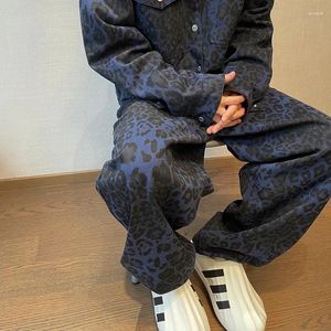 Jeans masculinos American Vintage Washed Blue Leopard Impresión holgada Holgés Spring Harajuku Hip Hop Pantalones rectos Y2K Casual