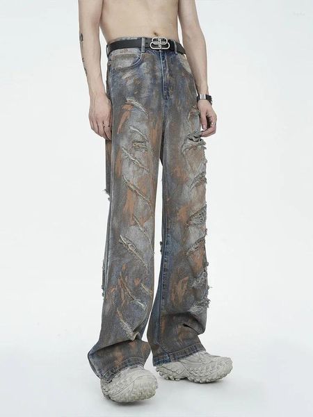 Jeans pour hommes Américain Jaune Boue Automne Déchets Sol Style Marque De Mode Rue Niche Déchiré Peinture Pantalon En Détresse Y2k