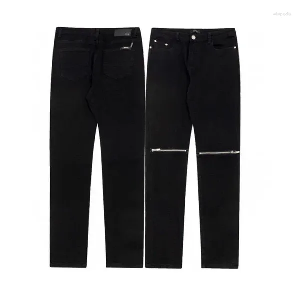 Jeans pour hommes AMR Fashion Brand High Street Punk Black Zipper Pantalon Patch Stretch Slim Fit Moto Pantalon