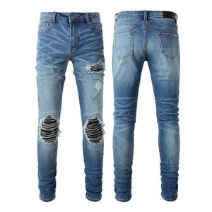 Jeans pour hommes Amris Pantalons Designer Amira Mode Hommes Plissé High Street Trou Ajusté Denim Coton Slim Fit Ubds Genou froissé P236K