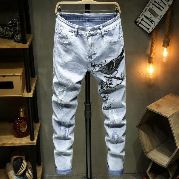 Jeans pour hommes imprimé animal pour hommes 2021 haute rue lavé détruit homme maigre droit slim pantalon moto pantalon
