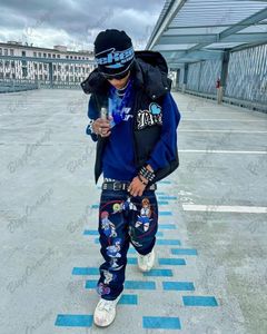 Heren jeans anime broek trend y2k straatkleding blauw geprinte losgelegen ontspannen hiphop knappe student 230509