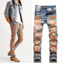 Heren jeans applique patches details mannen grote maat 38 slanke fit been bedroefd