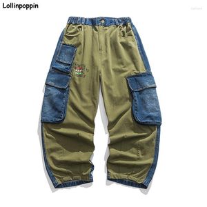 Męskie dżinsy zieleń wojskowa niebieski kolor patchworku męskie luźne spodnie dżinsowe w pasie 2023 drukowane litery Hip Hop męskie Cargo
